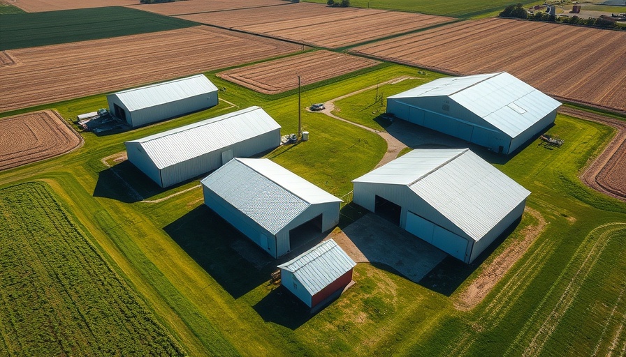 Aerial view of pole barns amidst fields, no visible storm damage.