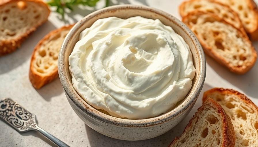 Homemade ricotta cheese in bowl with bread slices.