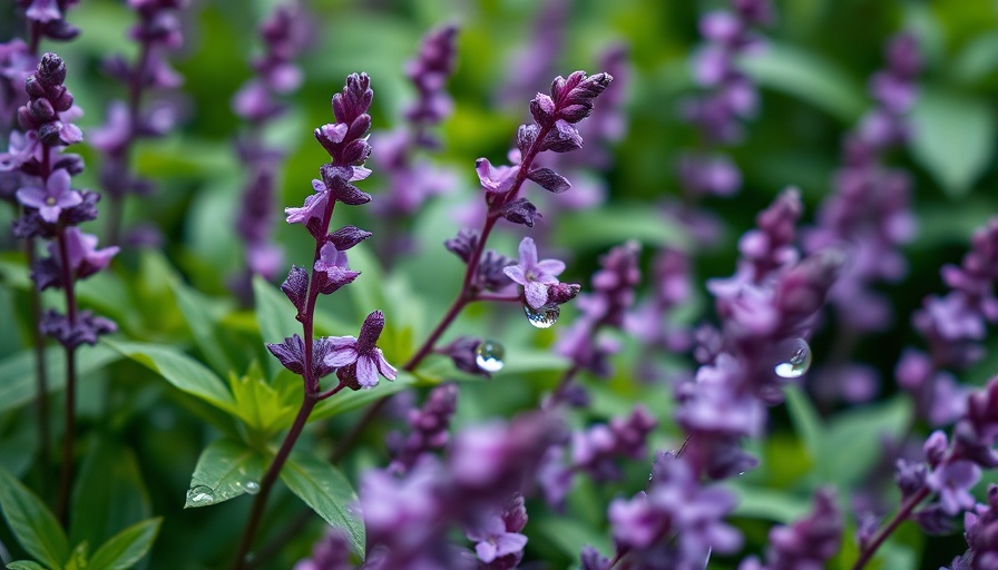 Vivid purple flowering weeds in a lush green garden.