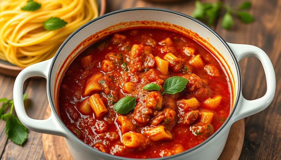 Rich homemade pasta sauce recipe in white pot next to spaghetti.