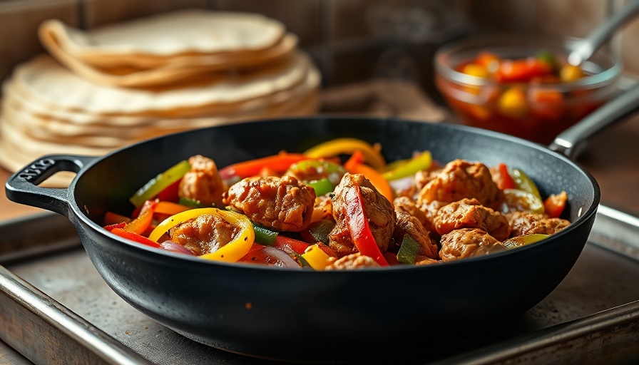Easy Chicken Fajitas with peppers and tortillas in kitchen.