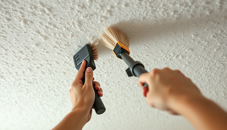 Hands cleaning popcorn ceiling with brush and vacuum