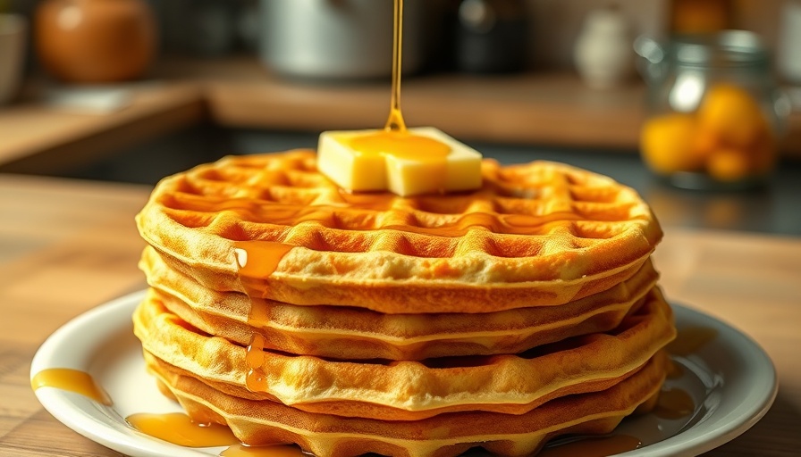 Stack of fluffy waffles with syrup and butter