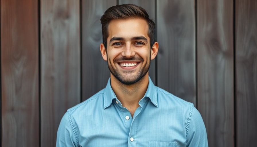 Portrait of a smiling man against rustic wood backdrop.