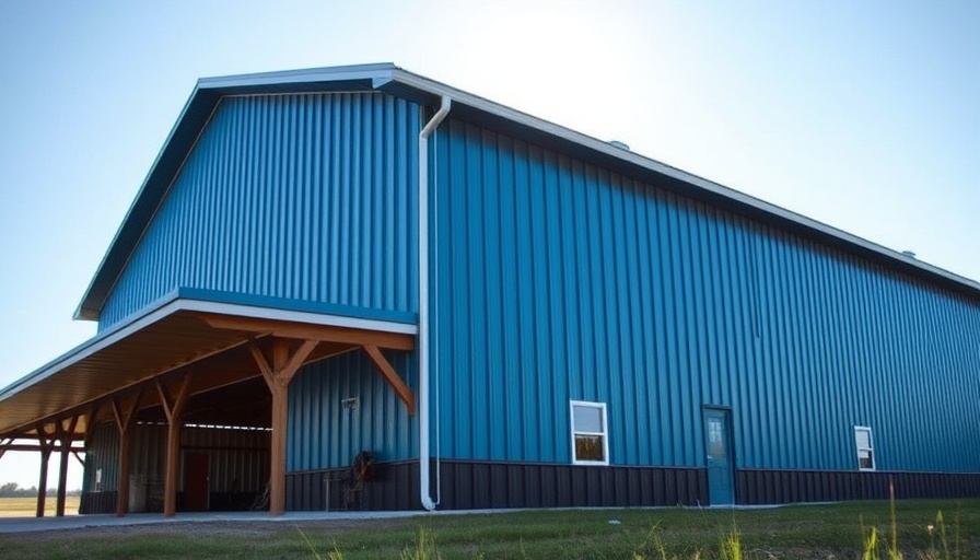 Eave Lites on blue-roofed pole barn under clear sky.