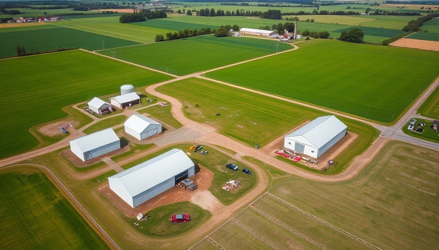 Aerial view of rural farm with white pole barns.