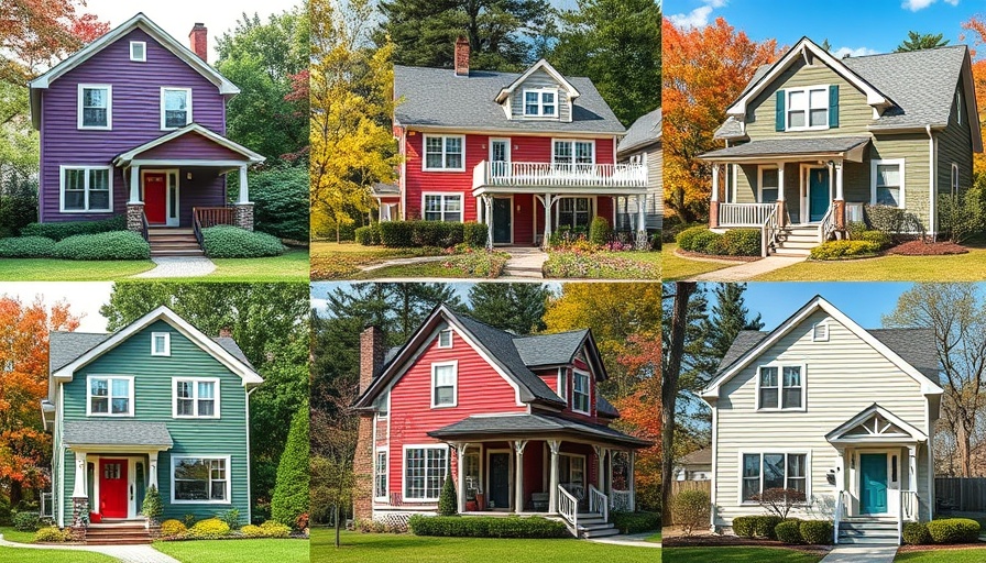 Collage displaying best vinyl siding colors on various house styles.