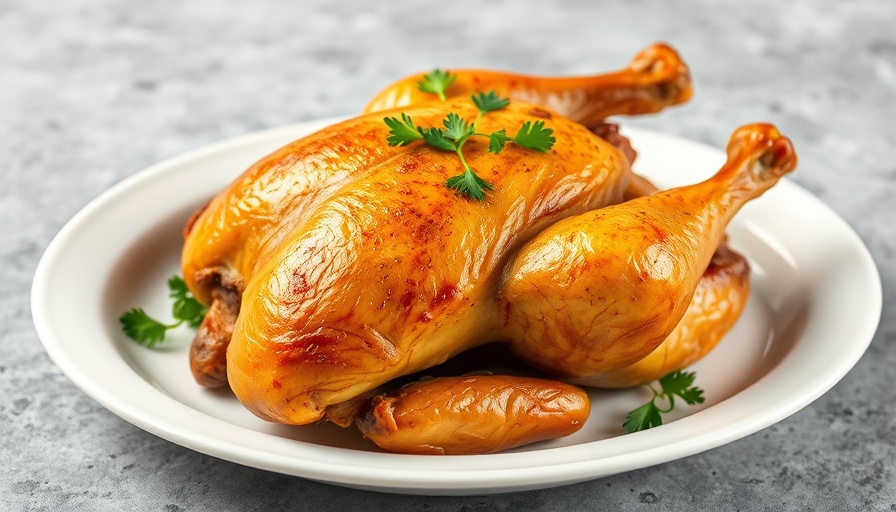 Delicious rotisserie chicken recipe with herbs on a platter.