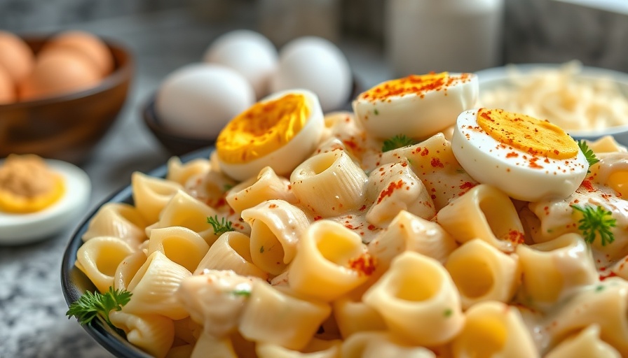 Deviled egg pasta salad close-up with eggs and cheese.