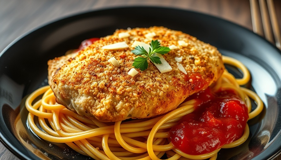 Parmesan crusted chicken recipe served with spaghetti and marinara.