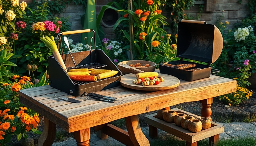 DIY grill table plans with food in a garden setting.