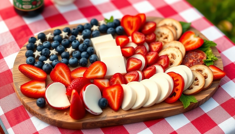 Festive American flag charcuterie board with fruits and cheese.