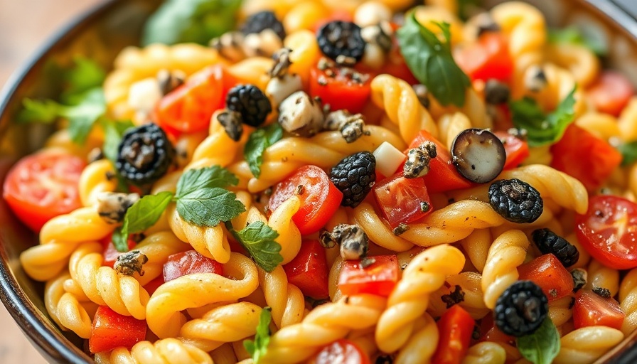 Vibrant cowboy caviar pasta salad with fresh vegetables and pasta.