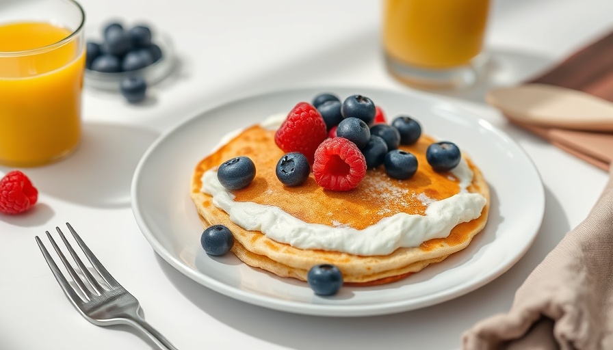 Cottage cheese pancakes with berries and orange juice breakfast.