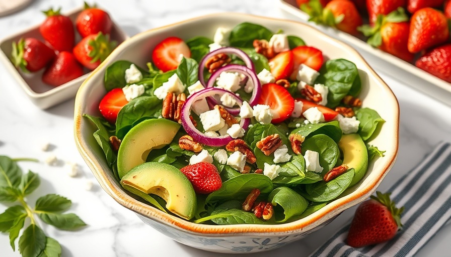 Fresh strawberry spinach salad with avocado and feta, vibrant dish.