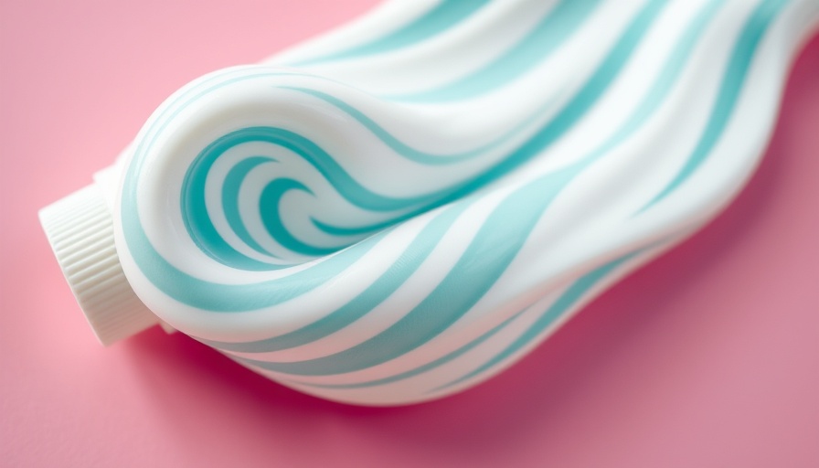 Close-up of toothpaste tube with striped paste on pink background.