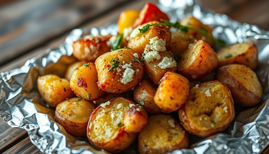 Crispy campfire potatoes with cheese and herbs on a wooden table.
