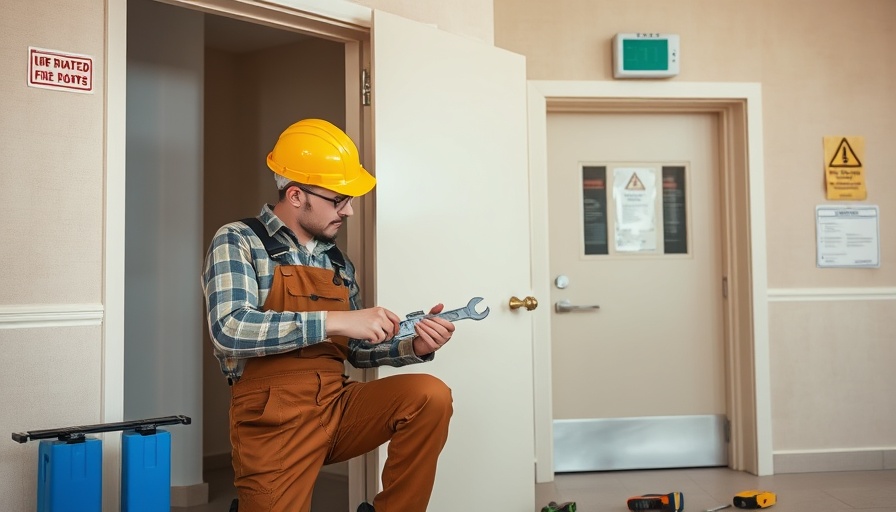 Technician installing fire-rated door, precise work with tools.