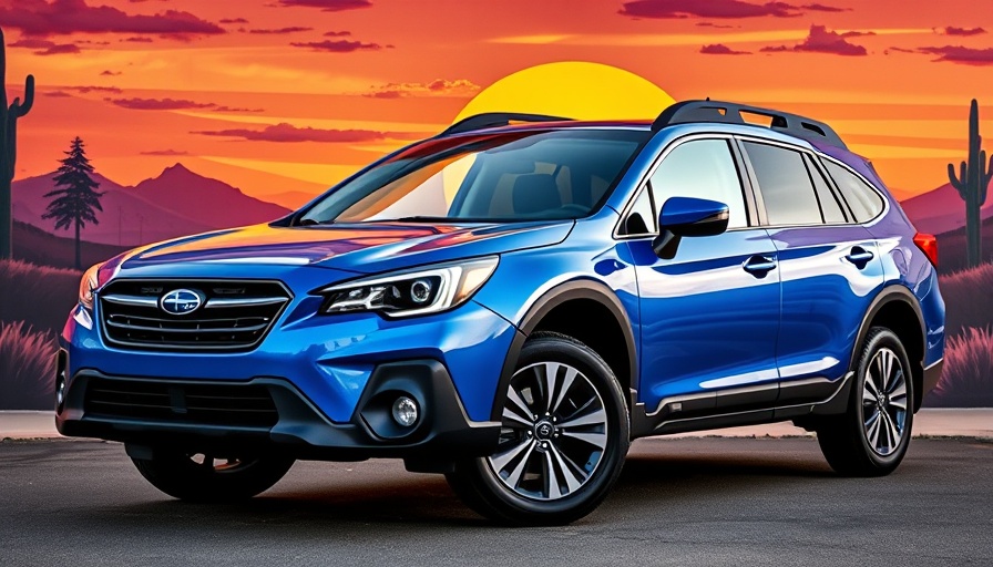 Blue Subaru Outback in front of sunset mural, side profile view.