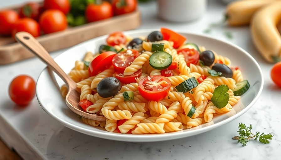 Easy Greek Pasta Salad Recipe with colorful fresh ingredients on a plate