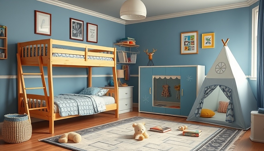 Kids room design for sharing with bunk beds and play tent in a cozy space.