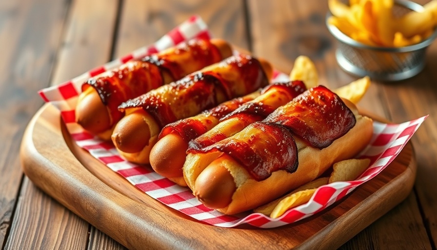 Appetizing bacon-wrapped hot dogs on wooden platter with chips.