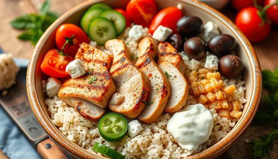 Colorful Greek chicken bowls with fresh ingredients and herbs.