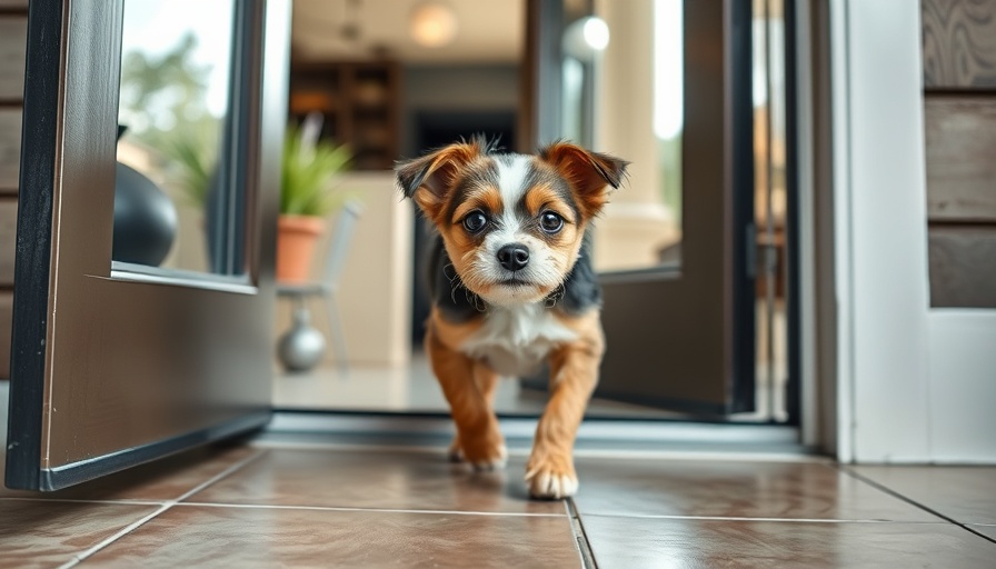 Small dog using a doggy door safely on a tiled patio.
