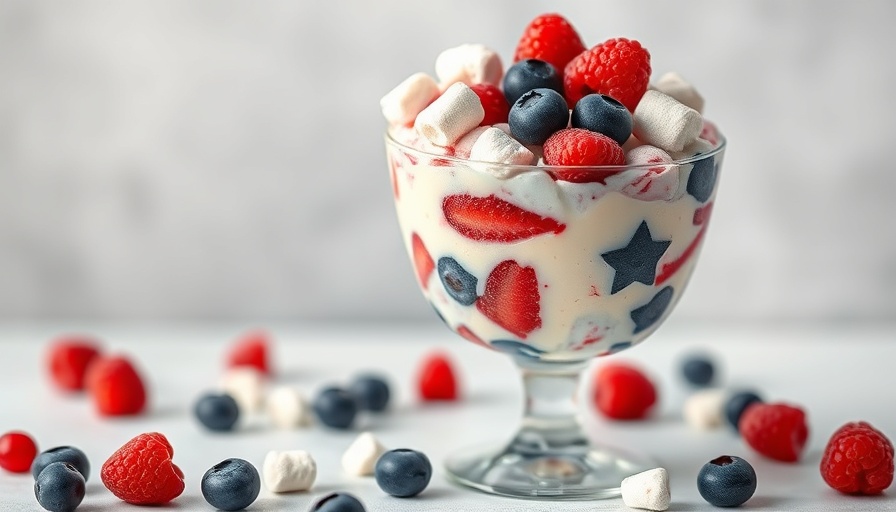 Red White Blue Cheesecake Salad dessert in a glass with berries.