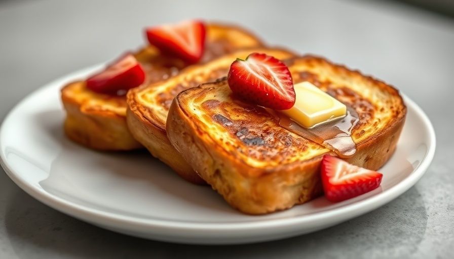 Easy French Toast Recipe with butter and strawberries on plate.