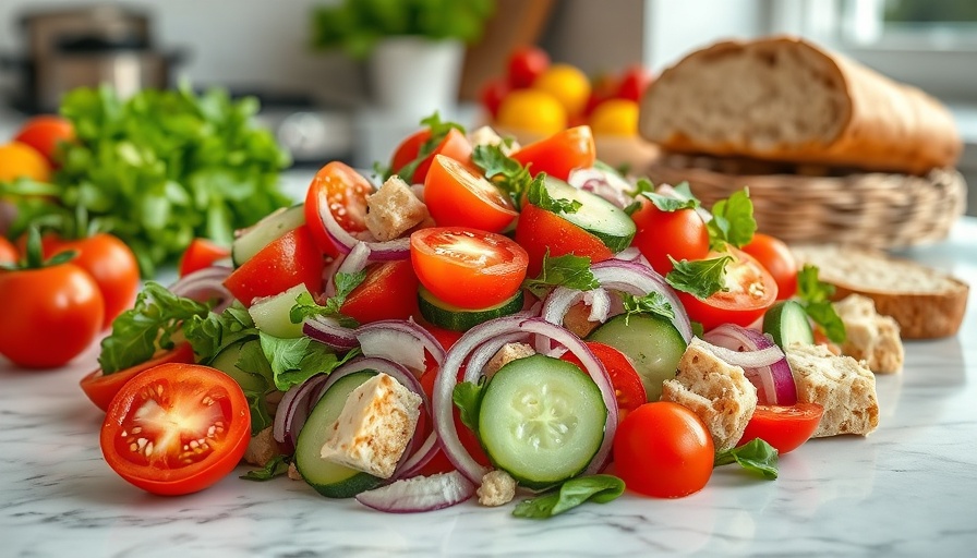 Fresh Panzanella salad with tomatoes and bread on a marble counter.