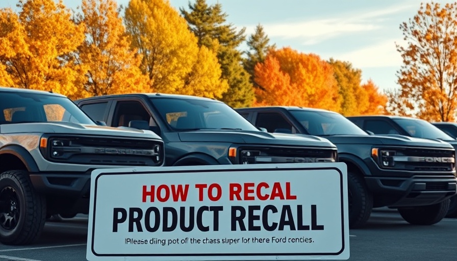 Ford Broncos with recall sign amid autumn backdrop.