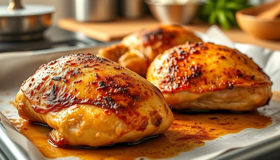 Appetizing baked chicken breasts recipe on a baking sheet.