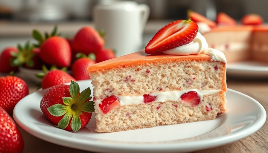 Close-up of fresh strawberry cake slice with whipped cream.