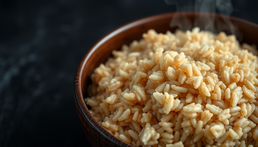 Perfectly cooked brown rice in a bowl with text overlay 'Instant Pot Brown Rice'.