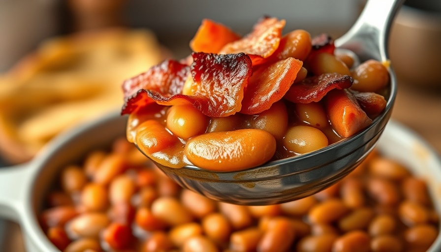 Delicious homemade baked beans recipe with crispy bacon in a ladle.