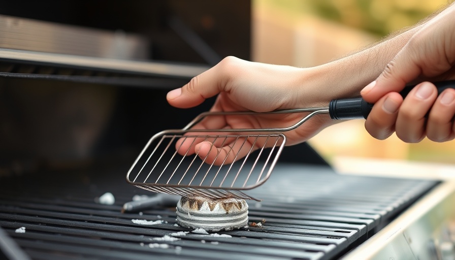 Hand uses wire grill brush on barbecue for safety in outdoor setting.