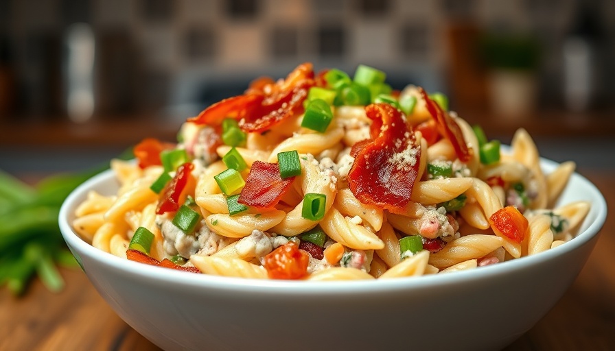 Colorful bacon ranch pasta salad with avocado and tomatoes.
