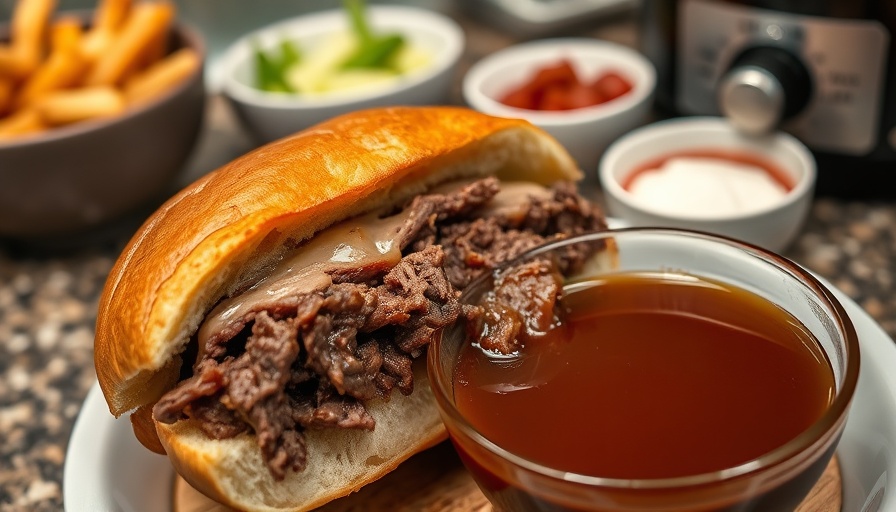 Slow Cooker French Dip Sandwich dipped in au jus.
