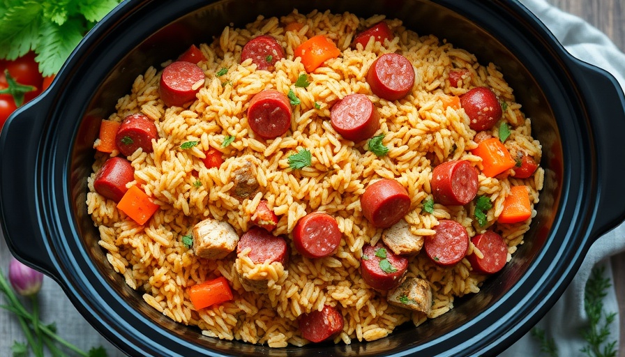 Slow Cooker Chicken Jambalaya in a crockpot with vibrant vegetables.