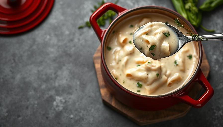 Creamy white lasagna soup in red pot with spoon, detailed textures.