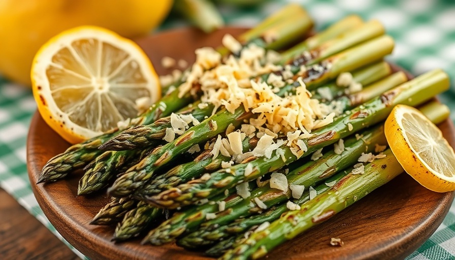 Grilled asparagus recipe with cheese and lemon on a plate.