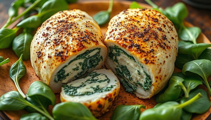 Spinach stuffed chicken breast in skillet with fresh spinach.