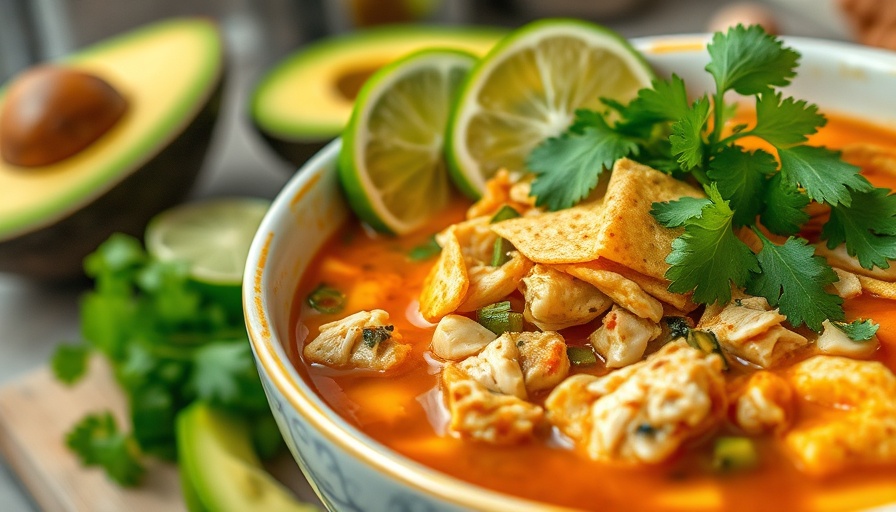Chicken Tortilla Soup Recipe with avocado and lime in a pot.