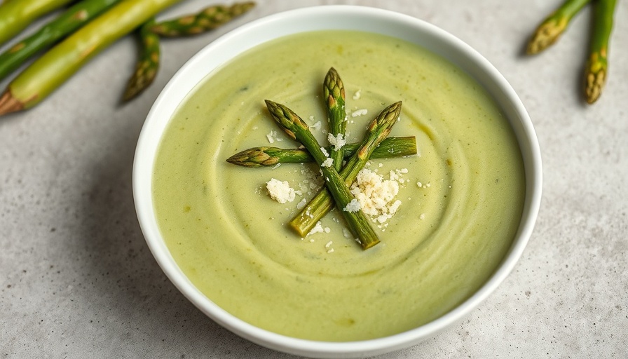 Bowl of creamy asparagus soup garnished with cheese.