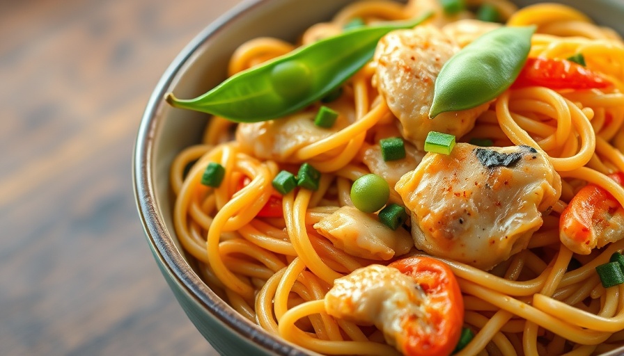 Crockpot Chicken Chow Mein with vegetables in a wooden bowl