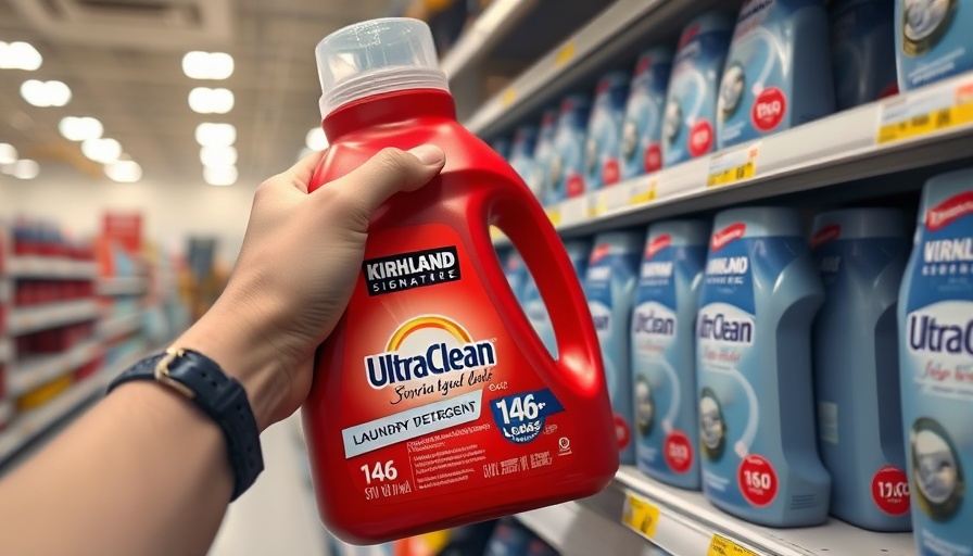 Close-up of Costco detergent bottle being picked up from shelf.