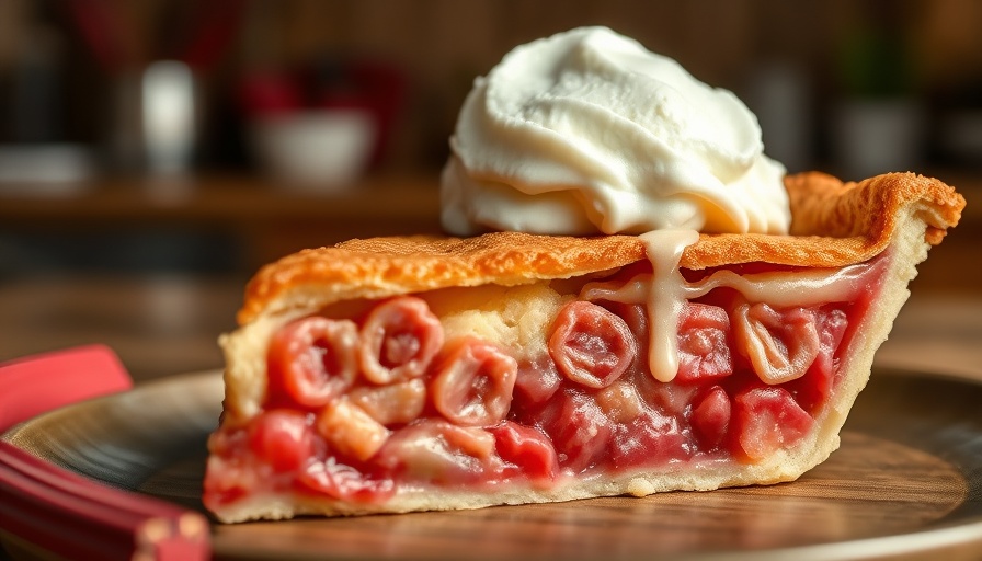 Close-up of rhubarb pie with ice cream topping.