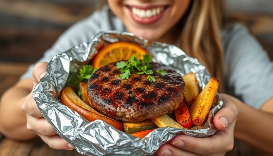 Delicious Hobo Dinner wrapped in foil with a smiling woman.