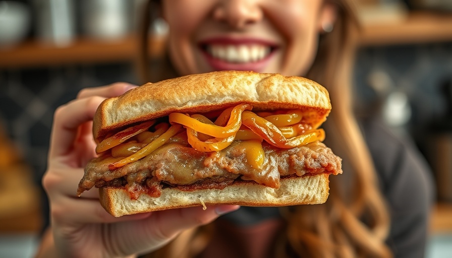 Close-up of a homemade patty melt with caramelized onions.